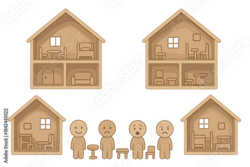 Simple wooden house designs with minimal furniture and various emotional characters displayed in four sections