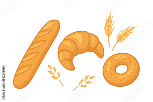 Freshly baked bread, croissant, and donut surrounded by wheat stalks in a simple layout