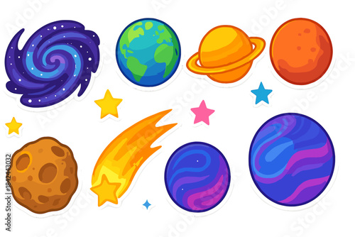 Colorful collection of cosmic stickers featuring planets, galaxy, asteroid, and shooting star elements