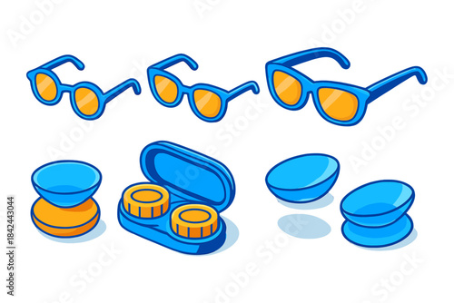 Isometric set of vision care accessories including sunglasses and contact lens containers