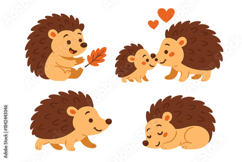 Cute cartoon hedgehogs set showing various poses, sleeping, walking, and family love
