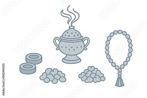 Fragrant incense burner with aromatic resins and prayer beads on white background
