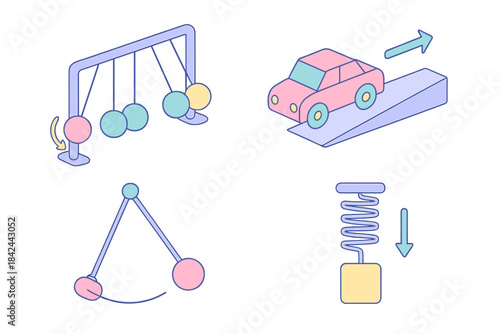 Isometric diagrams illustrating fundamental physics concepts: momentum, gravity, and force