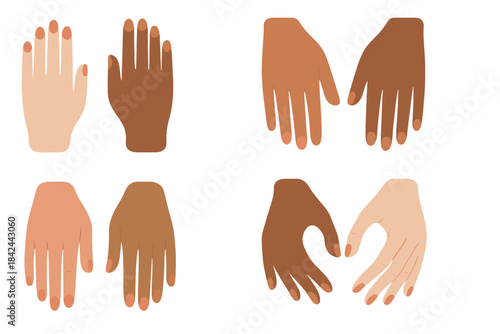 Collection of diverse human hands displaying multiple skin tones and gestures of connection and unity