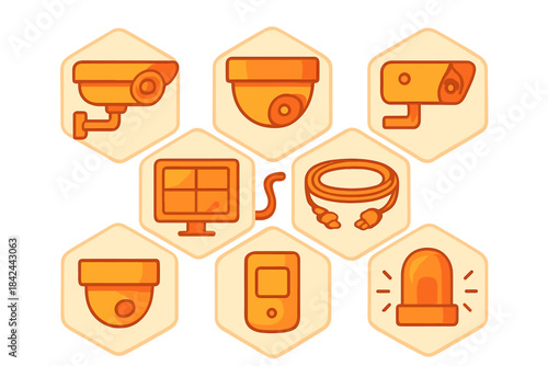 Different types of security cameras and monitoring devices shown in colorful illustrations