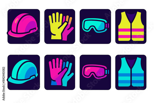 Safety gear icons representing hard hats, gloves, goggles, and vests for work and construction settings