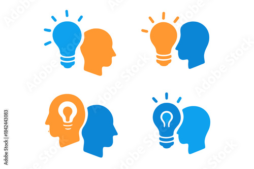 Idea generation and creativity concept icons featuring human head silhouettes and glowing light bulbs