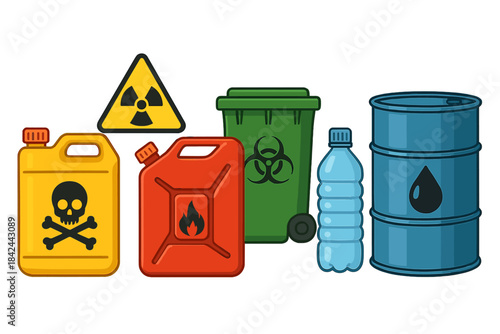 Set of hazardous material containers, liquid storage barrels, and warning symbols for safety