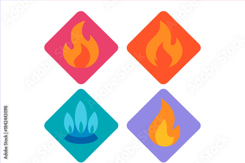 Four burning fire and gas flame symbols inside colorful diamond warning signs
