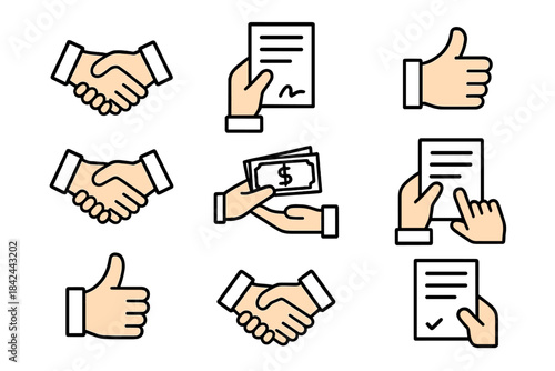 Various icons depicting business agreements, transactions, and approvals in a simple, clear style