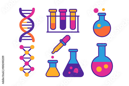 Colorful illustrations of laboratory equipment and DNA strands showcasing chemistry and science concepts
