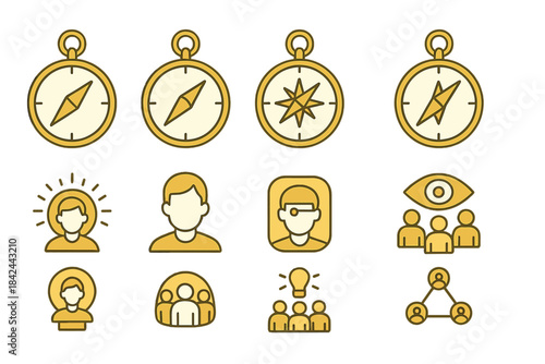 Collection of compass and people icons representing guidance, collaboration, and insight in a modern design style
