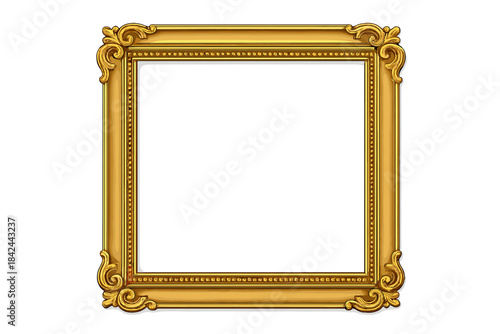 Ornate rectangular golden picture frame with baroque style decorative elements isolated on white background