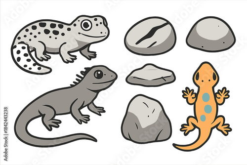 Collection of three cartoon lizards and geckos standing near gray rocks and stones
