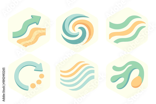 Six modern abstract flow and movement icons in soft pastel colors for branding