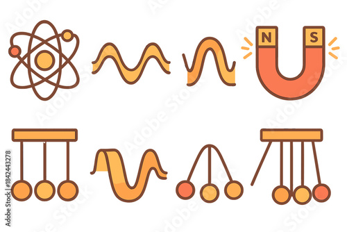 Set of colorful science icons depicting concepts like atoms, waves, magnets, and pendulums representing various physical principles