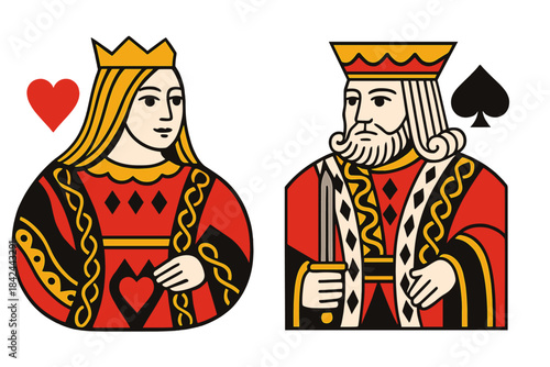 Royal playing cards featuring queen of hearts and king of spades in a colorful design