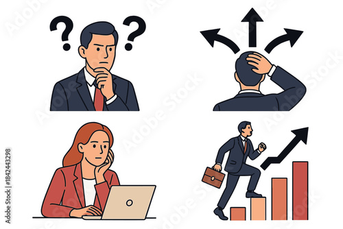 Set of business concepts illustrating decision making, career growth, confusion, and work stress