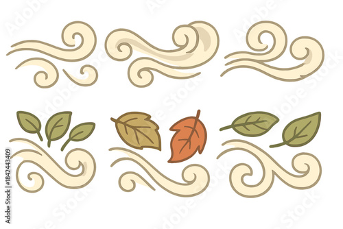 Stylized wind swirls and falling autumn leaves for weather and seasonal design elements