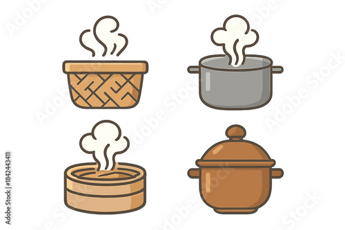 Different cooking pots and baskets steaming with food on a white background
