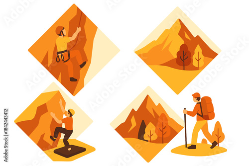Outdoor adventure activities set with mountain climbing, trekking, and autumn nature landscapes
