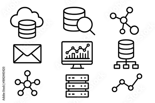Data storage, network connection, and business analytics line icons set