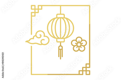 Traditional Asian frame design featuring a hanging lantern, auspicious cloud, and plum blossom