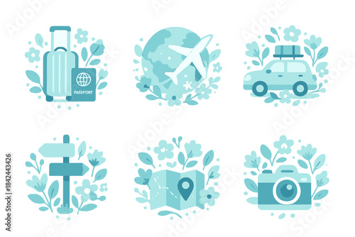 Travel essentials icons including luggage, passport, airplane, car, map, and camera in floral design