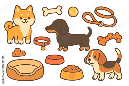 Cute cartoon dogs and pet accessories in playful design on a white background