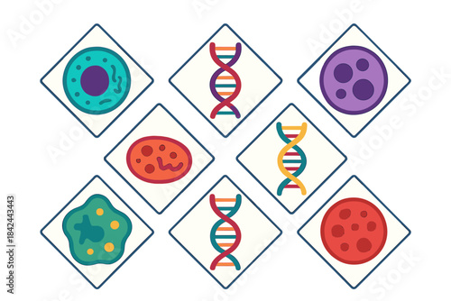 Modern flat design icons for genetics, molecular biology, and cellular structures
