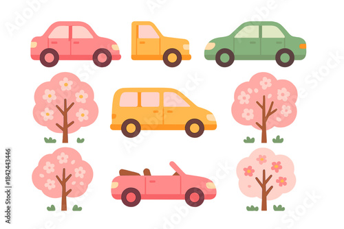 Different styles of cars and blooming trees in a colorful illustration showing a cheerful urban scene