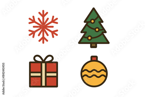 Festive winter holiday icons set with snowflake, Christmas tree, gift, and ornament