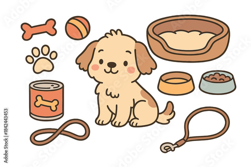 Cute puppy surrounded by toys, food, and accessories in a cheerful scene