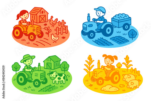 Cute children driving tractors and tending farm animals in four farming scenes