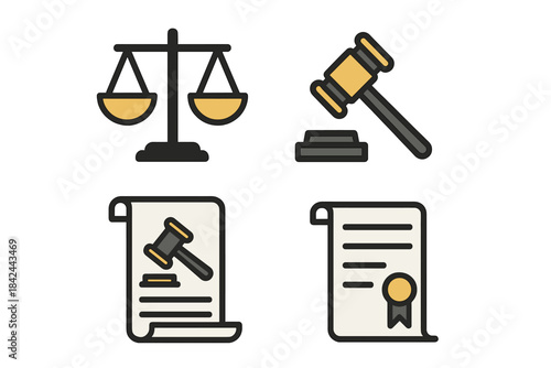 Symbols of justice and law displayed in a creative graphic design