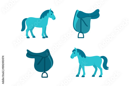 Set of standing horses and essential horse riding equipment including saddles and stirrups