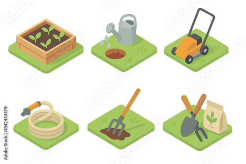 Detailed isometric collection of essential gardening equipment and tools used for planting and horticulture activities