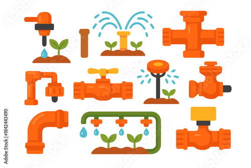 Collection of colorful irrigation tools and pipes for gardening and landscaping activities
