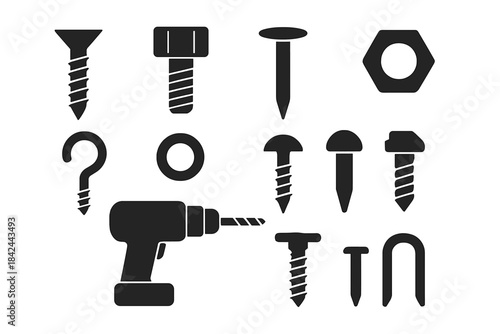 Collection of various tools and fasteners displayed on a plain background featuring screws, bolts, and a drill