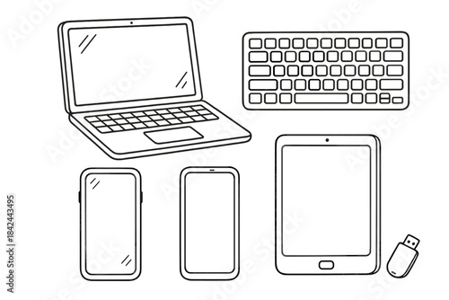 Minimalist outline icons set of essential electronic devices and computer peripherals