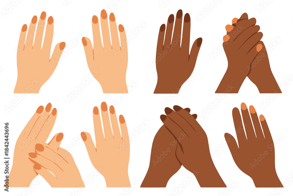 Obraz premium Hands of different skin tones showing various gestures and positions for communication and interaction