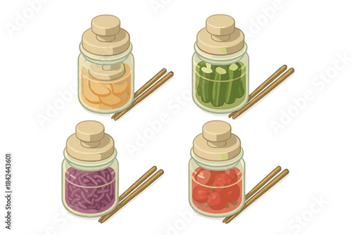 Variety of pickled vegetables in jars with chopsticks arranged on a simple surface