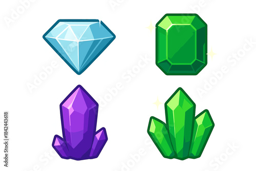 Collection of sparkling colorful gemstones and crystals for game assets or fantasy design elements