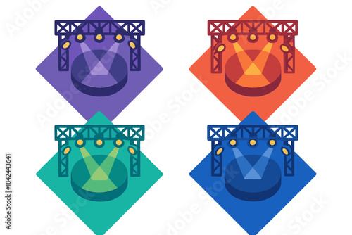 Colorful set of four stage spotlights illuminating a round podium on diamond backgrounds