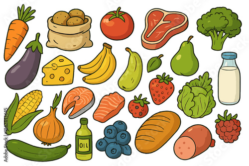 Assortment of fresh fruits, vegetables, meat, fish, dairy, and grains for a balanced diet
