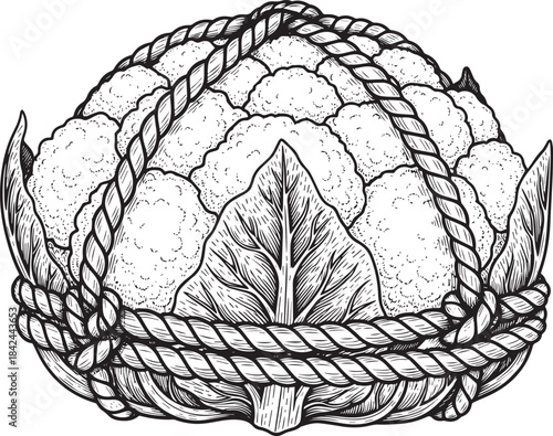 Hand Drawn Cauliflower Illustration with Rope Binding in Engrave