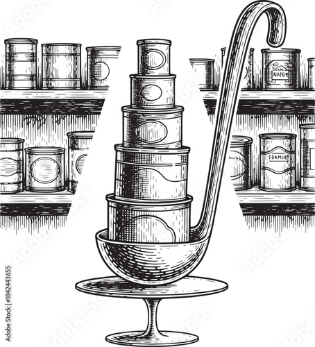 Etched Illustration: Tower of Canned Goods with Ladle on Elegant