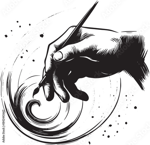 Hand holding paintbrush creating artistic swirl in ink drawing s