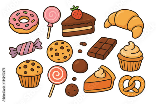 Delicious assortment of baked goods, candies, and sugary confectionery treats