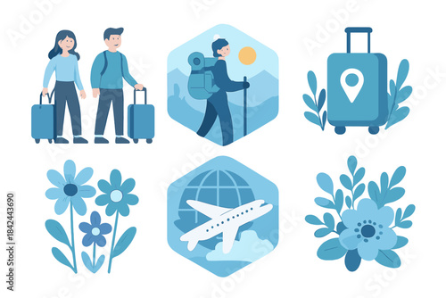 Traveling companions explore nature while carrying luggage and dreaming of adventures in a serene blue landscape